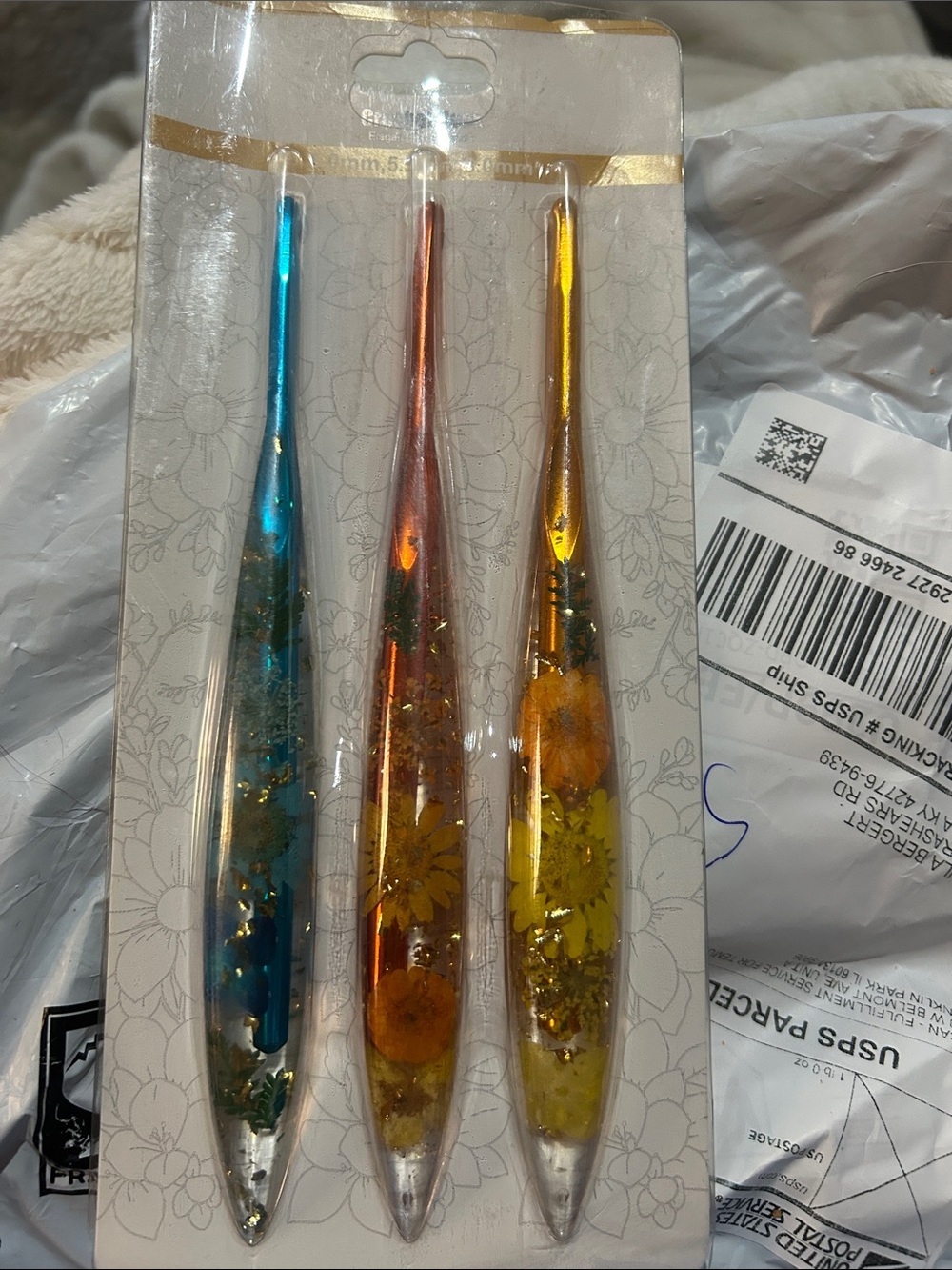 Floral Resin  crochet hooks- Blue, Copper & Gold